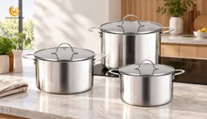 Three tri-ply stainless steel stockpots in a modern induction kitchen
