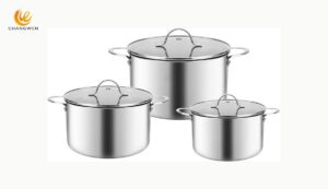 Three stainless steel stockpots with metal lids and loop handles from the supplied product reference photograph