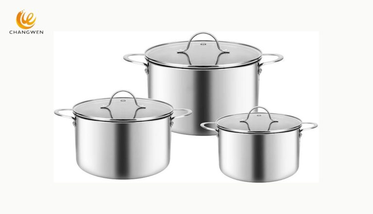 Three stainless steel stockpots with metal lids and loop handles from the supplied product reference photograph