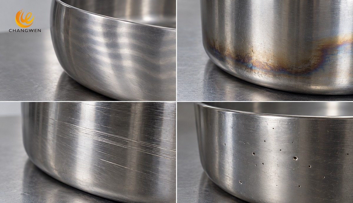 Illustrative comparison of waves, burn marks, drag lines, and pits on polished cookware