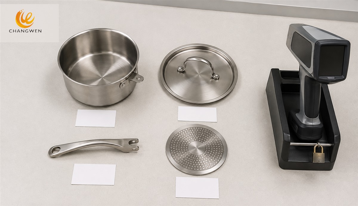 Illustrative stainless steel saucepan and lid arranged for separate XRF test locations