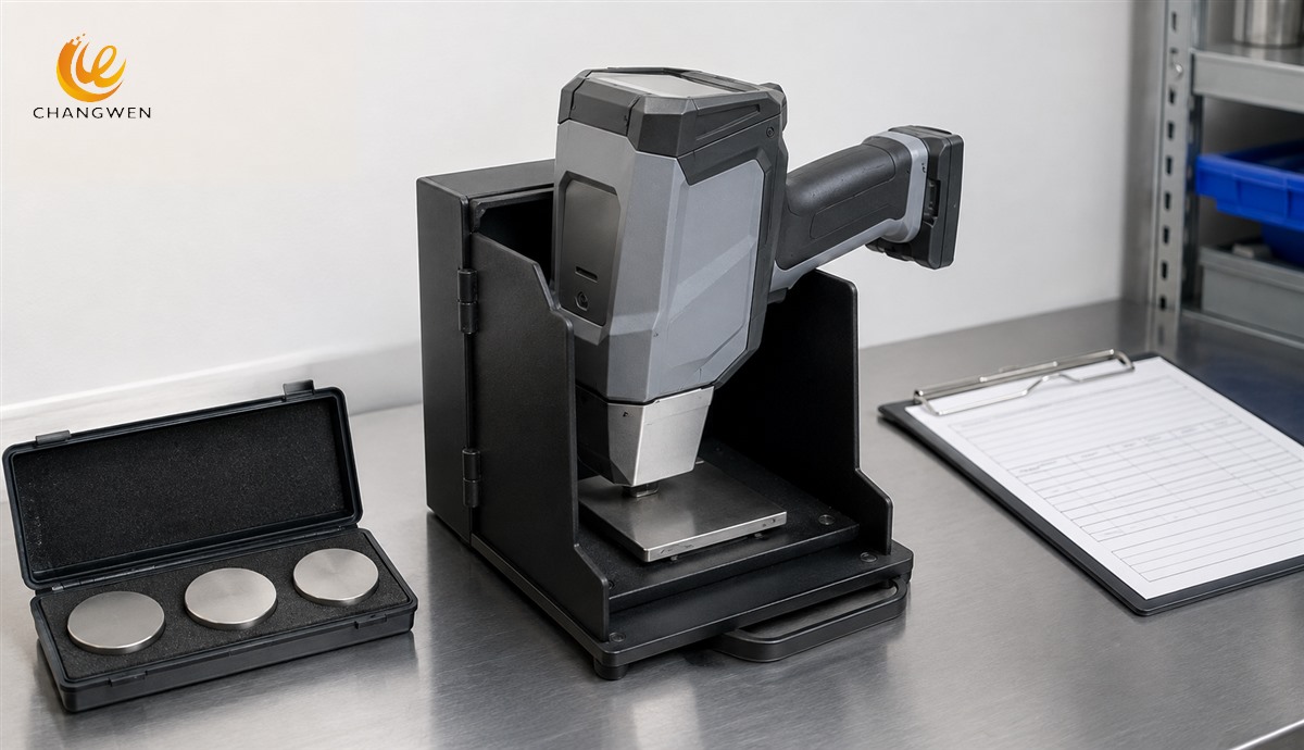 Illustrative XRF analyzer in a safety stand above a stainless reference coupon with a test record