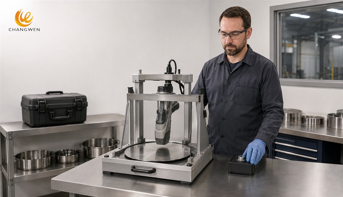 Illustrative trained operator using an XRF analyzer in a shielded benchtop stand