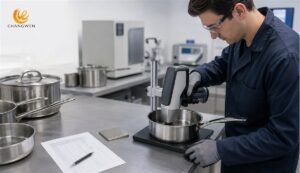 Illustrative quality technician using an XRF analyzer on a stainless steel saucepan in a controlled test setup