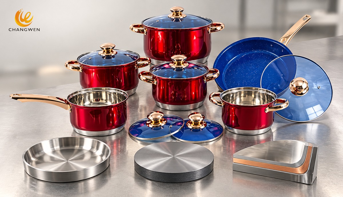 Illustrative cookware sample table with separate steel and layered-base material samples