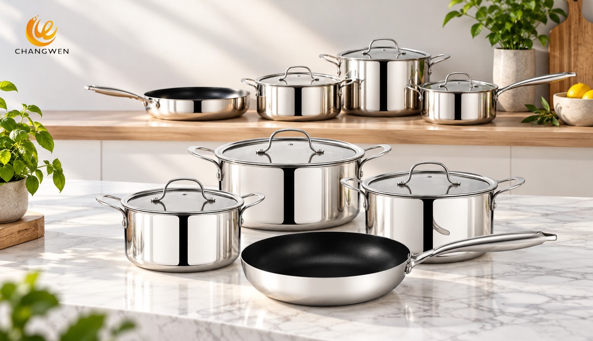 Coordinated stainless cookware vessels arranged as compact and expanded retail assortment examples