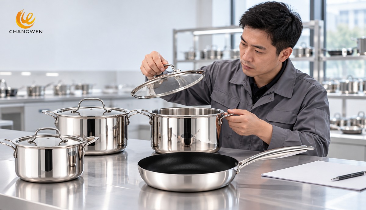 Chinese product engineer checks the fit of a glass lid on a stainless cookware sample in a factory sample room