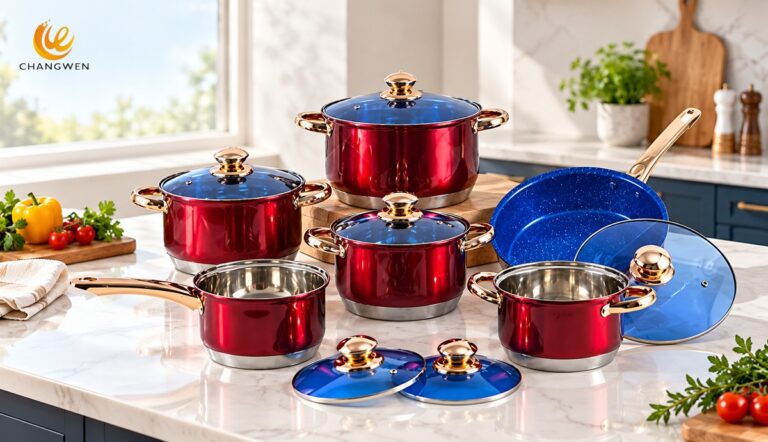 Red and blue cookware set arranged in a modern kitchen, illustrative buying-guide image
