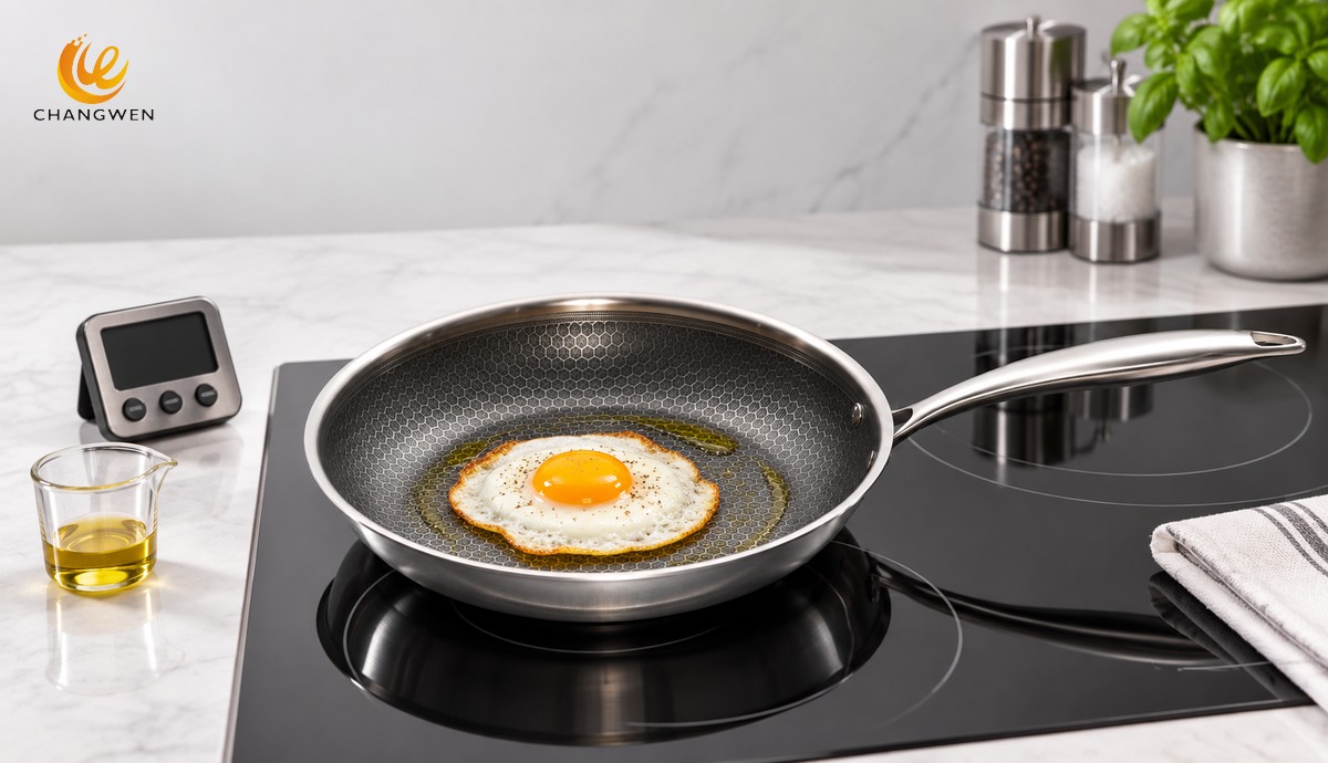 Illustrative honeycomb frying pan cooking trial with an egg, timer, and oil measuring cup