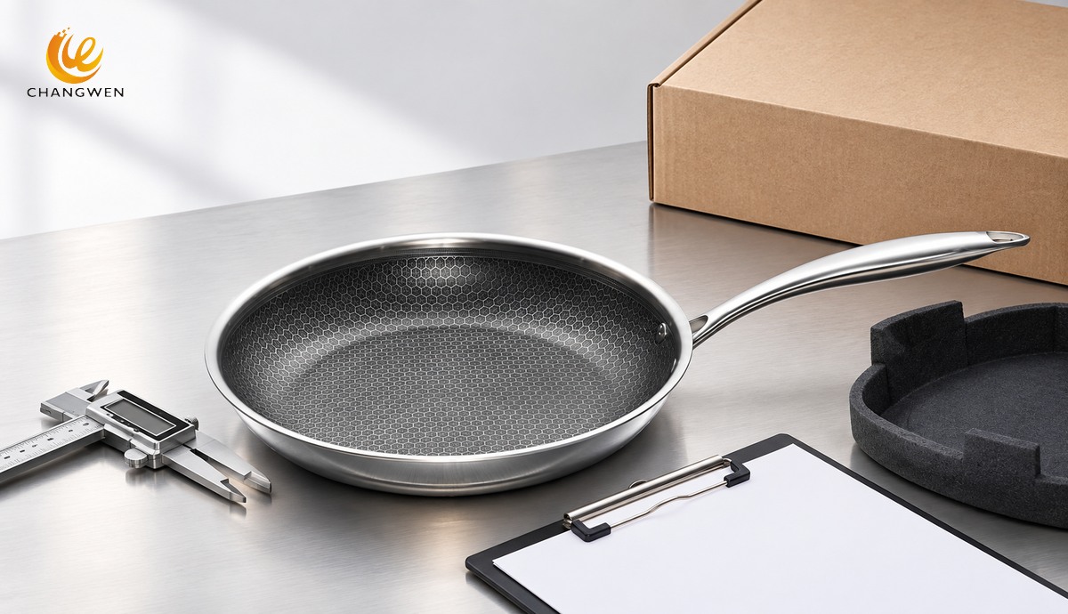 Illustrative honeycomb cookware sample approval desk with caliper, clipboard, and protective packaging