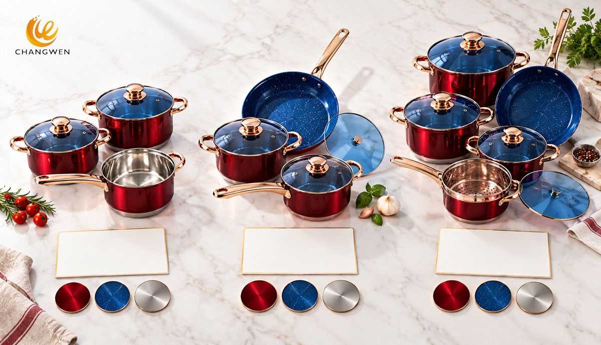 Three illustrative cookware configurations arranged for side-by-side sourcing comparison