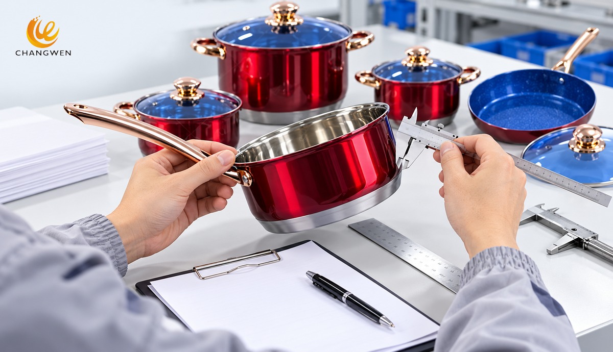 Chinese quality engineer checking a cookware sample with calipers and blank specification paperwork