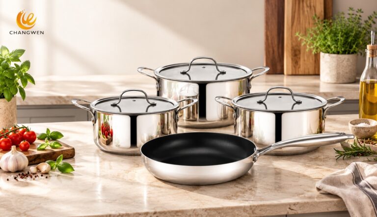 Mirror-polished stainless cookware set with three glass-lidded pots and one dark-interior frying pan in a modern kitchen