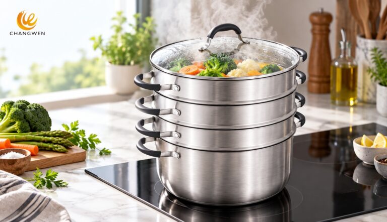 Stainless steel multi-tier steamer pot with glass lid on a kitchen cooktop