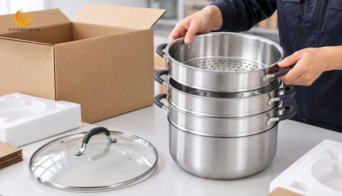Illustrative steamer tier fit and protective carton review before shipping