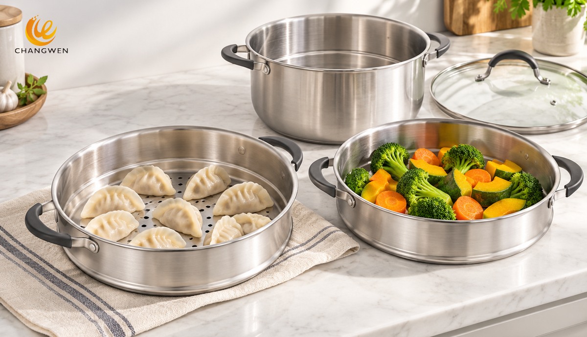 Illustrative steamer trays with spaced dumplings and vegetables showing usable food area